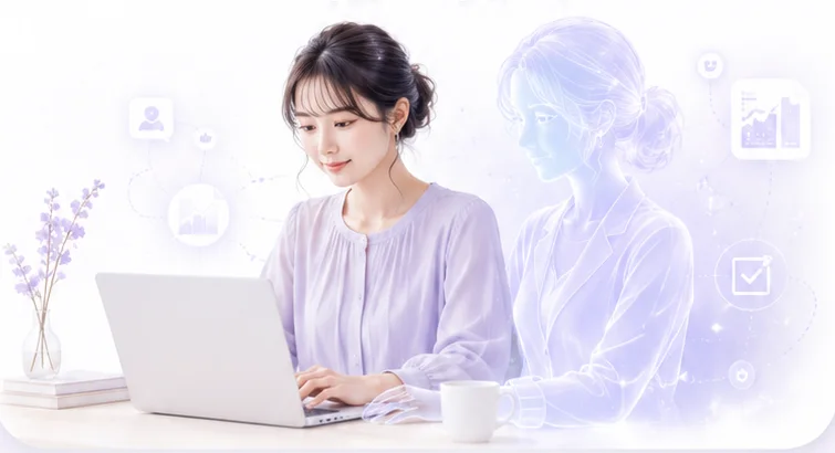 ノートパソコンに向かう女性の隣に、光でできたAI分身が寄り添っている様子