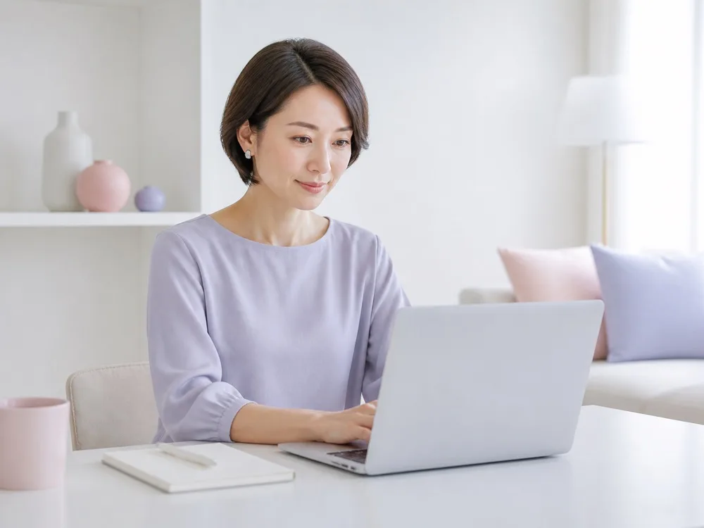 女性起業家がノートパソコンに向かって土台づくりを進めている様子