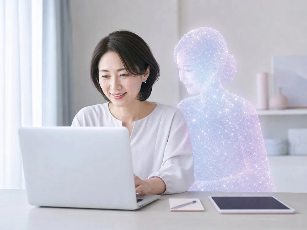 ノートパソコンに向かう女性の隣に、光の粒でできたAI分身が寄り添っている様子